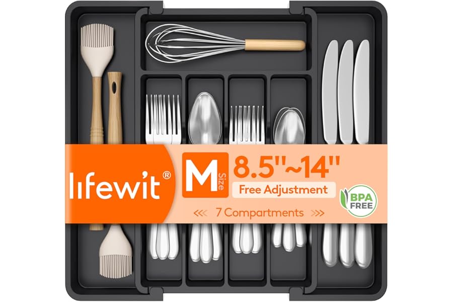 Lifewit Expandable Silverware Organizer, Plastic Utensil Tray for Kitchen Drawer, BPA Free Flatware Cutlery Holder, Space-Saving Storage for Spoons Forks Knives, 8.5-14 x 12 x 1.5 inch, Black
