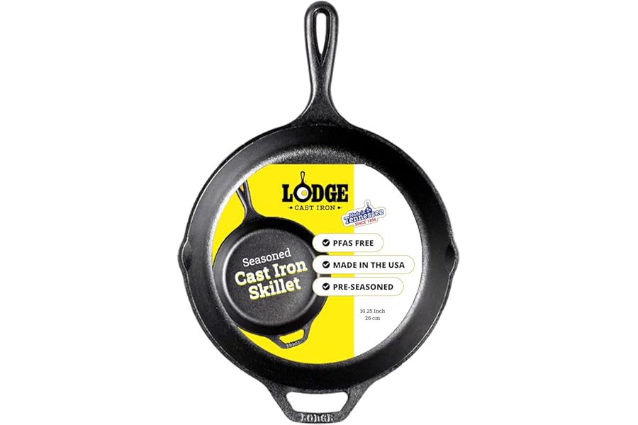 Lodge Seasoned Cast Iron Skillet 10.25 Inches - PFAS-Free, Non-Toxic Cookware - Use with an Oven, Stove, Grill, or Campfire - Naturally Non-Stick & Oven Safe