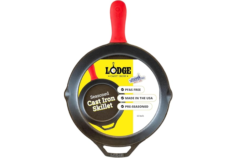 Lodge Seasoned Cast Iron Skillet 12 Inches - Quality Frying Pan for the Stove, Oven, Grill & Campfire - Includes Silicone Hot Handle Holder - Non-Toxic, Nonstick & Long-Lasting