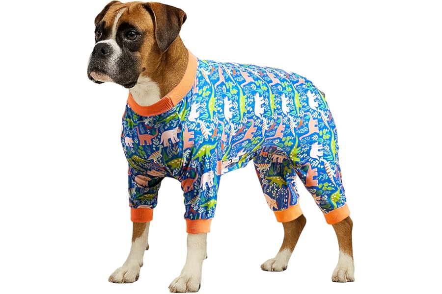 LovinPet Large Breed Dog Clothes Pajamas, Wound Care/Post Surgery Full Coverage Shirt, Dinosaur Land Blue Print, Lightweight Stretchy Knit Pullover Dog Onesie, Pet Pajamas for Dogs, Pet PJ's, 3XL