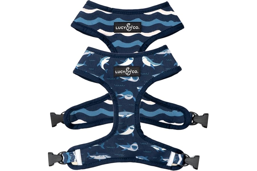Lucy & Co. Reversible Dog Harness - Water-Repellent Neoprene, Dual-Print Design, Easy Swap Style, Adjustable Comfort Fit - Shark Attack Reversible Harness - Large