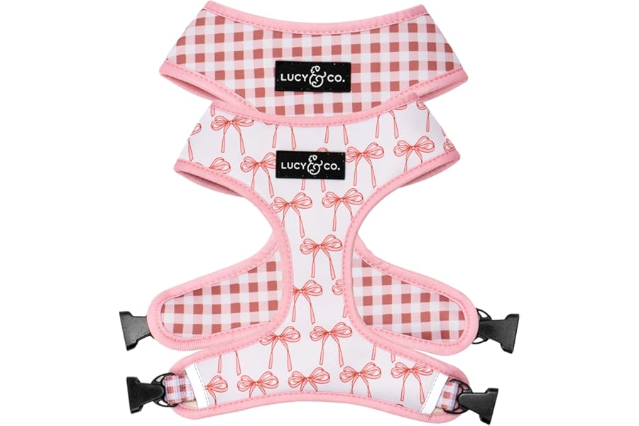 Lucy & Co. Reversible Dog Harness - Water-Repellent Neoprene, Dual-Print Design, Easy Swap Style, Adjustable Comfort Fit - Take a Bow Reversible Harness - Medium