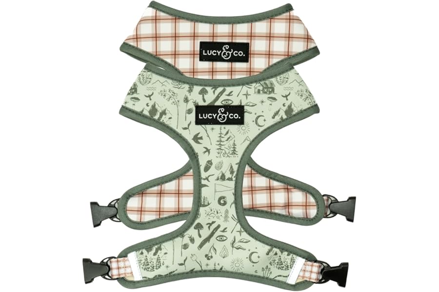 Lucy & Co. Reversible Dog Harness - Water-Repellent Neoprene, Dual-Print Design, Easy Swap Style, Adjustable Comfort Fit - Camp Out Reversible Harness - Small