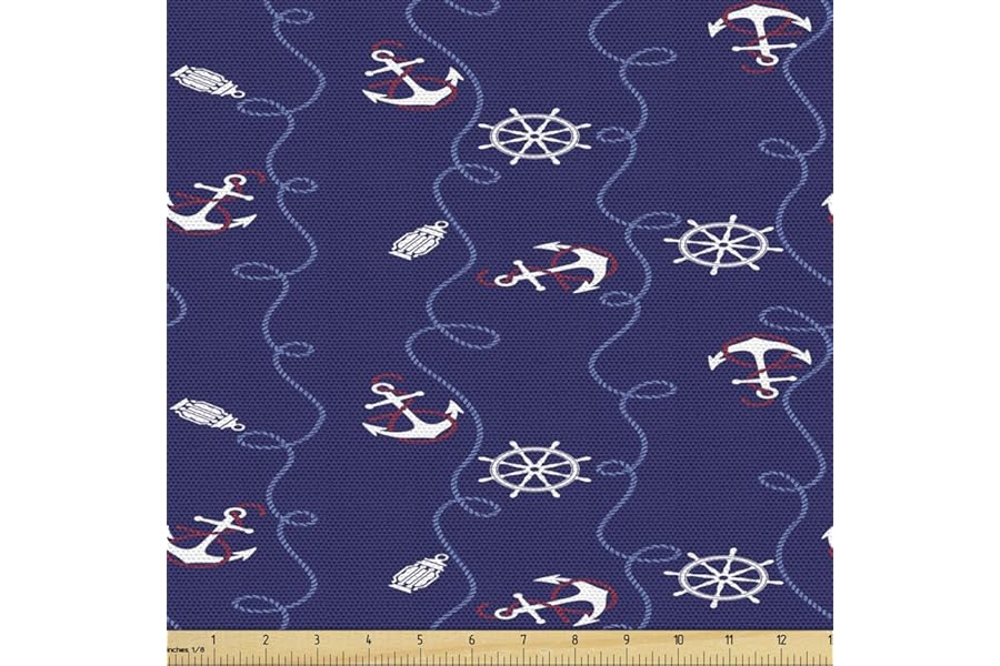 Lunarable Anchor Fabric by The Yard, Nautical Style Composition Helm and Curved Shapes Marine Themed Print, Decorative Fabric for Upholstery and Home Accents, 3 Yards, Blue Ecru