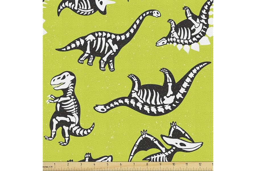 Lunarable Dinosaur Party Fabric by The Yard, Jurassic Skulls and Skeletons Prehistoric Fossils Illustration, Decorative Fabric for Upholstery and Home Accents, 2 Yards, Yellow