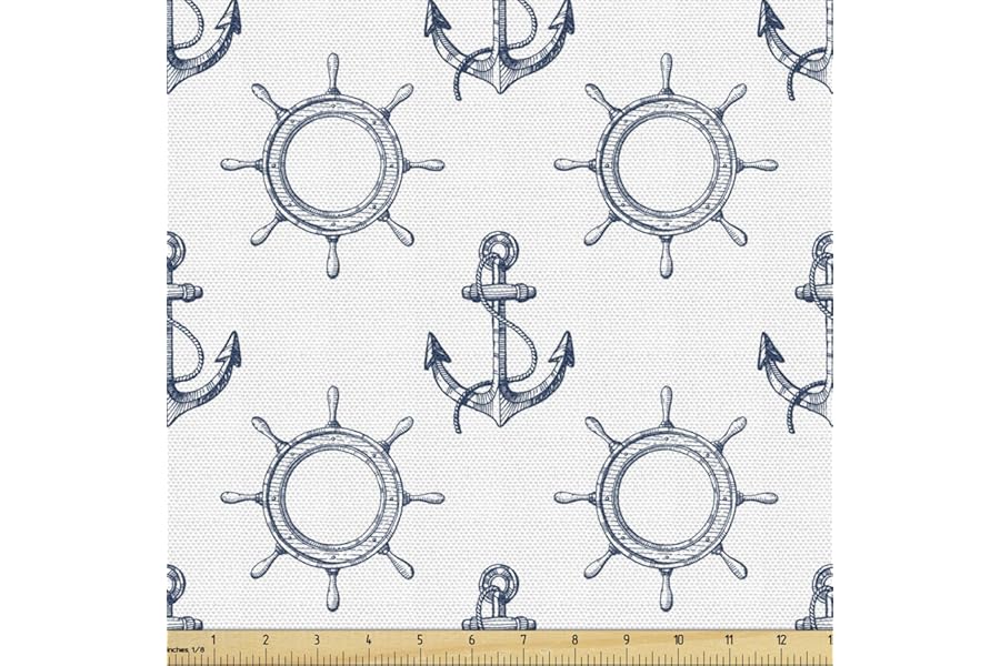 Lunarable Nautical Fabric by The Yard, Marine Elements Anchor Ship Wheel Wind Rose Sailing into The Ocean Theme, Decorative Fabric for Upholstery and Home Accents, 1 Yard, Night Dark Blue