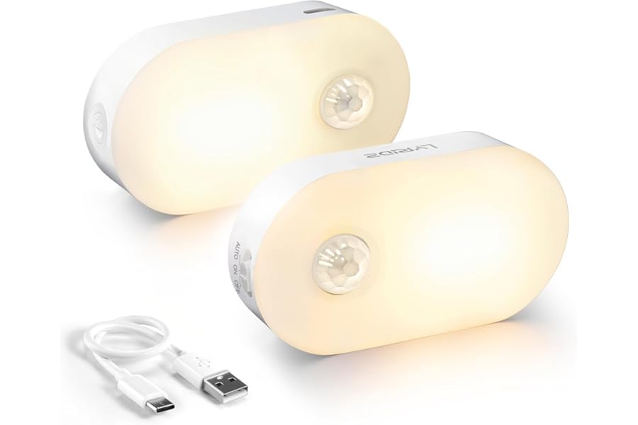 Lyridz Rechargeable Battery Night Light with Motion Sensor, Portable Mini Warm White LED Stick-on Closet Light, Adjustable Brightness for Bathroom, Bedroom, Kitchen, Cabinet, Stairs, Hallway, 2-Pack
