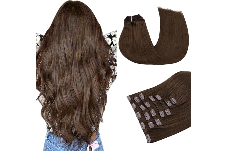 MAXITA Clip in Hair Extensions Real Human Hair,Remy Hair Extensions Clip ins Double Weft for Women,Natural Real Human Hair,16Inch 120g 7Pcs,Chocolate Brown