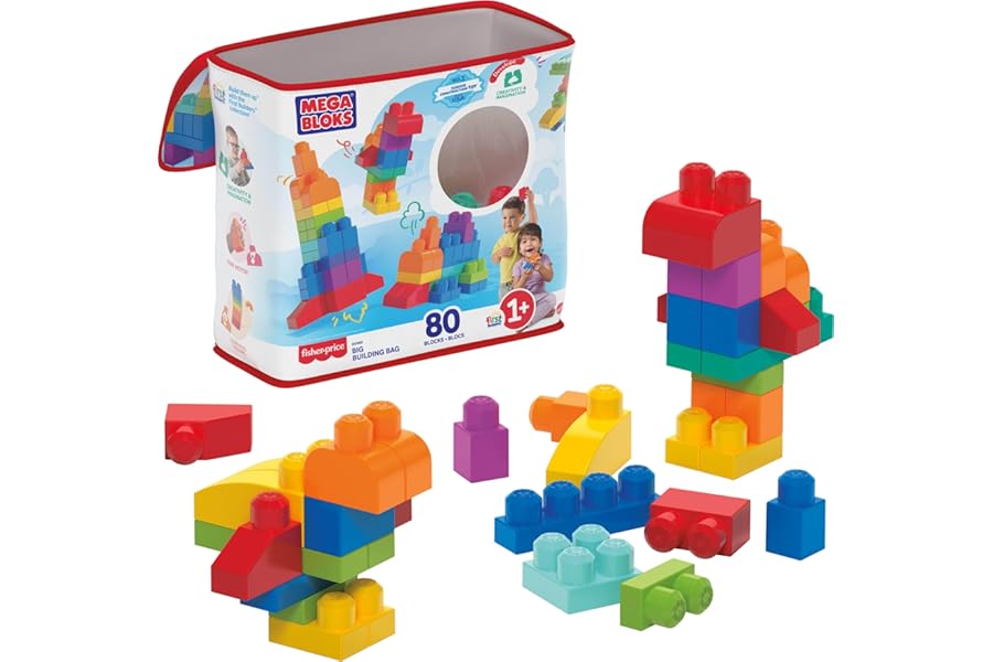 MEGA BLOKS First Builders Toddler Blocks Toys Set, Big Building Bag with 80 Pieces and Storage, Blue, Ages 1+ Years