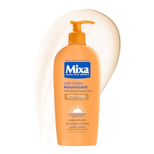 MIXA - Autobronzant - Lait Corps Nourrissant Effet Soleil - Hâle Doré Progressif 24H - Beurre de Karité & Huile d’Abricot - Peaux Claires - 250ml