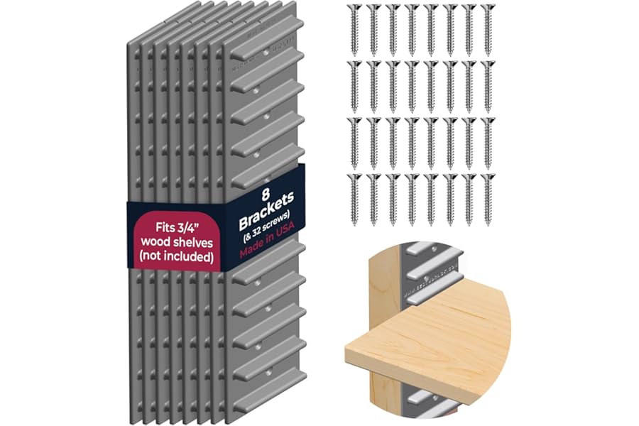 Made in USA EZStudRack Adjustable Shelf Brackets, 8-Pack (4 Pairs) – Easy-to-Adjust One-Row Storage for Custom-Fit Shelves – Your Items, Your Wood, You Supply It