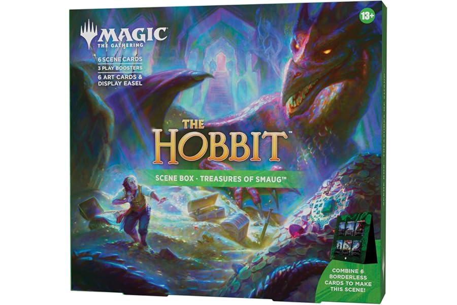 Magic: The Gathering | The Hobbit Scene Box - Treasures of Smaug| 6 Foil Borderless Scene Cards, 6 Art Cards, 3 Play Boosters + Display Easel