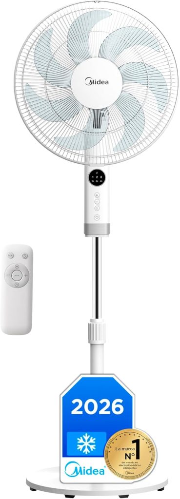 Midea Ventilador de Pie silencioso con Mando a Distancia y 3 velocidades - Ventilador Silencioso Oscilación 90º- Ventilador de Pie con Mando Temporizador 7h, Panel LED, Potente Motor, Altura Ajustable