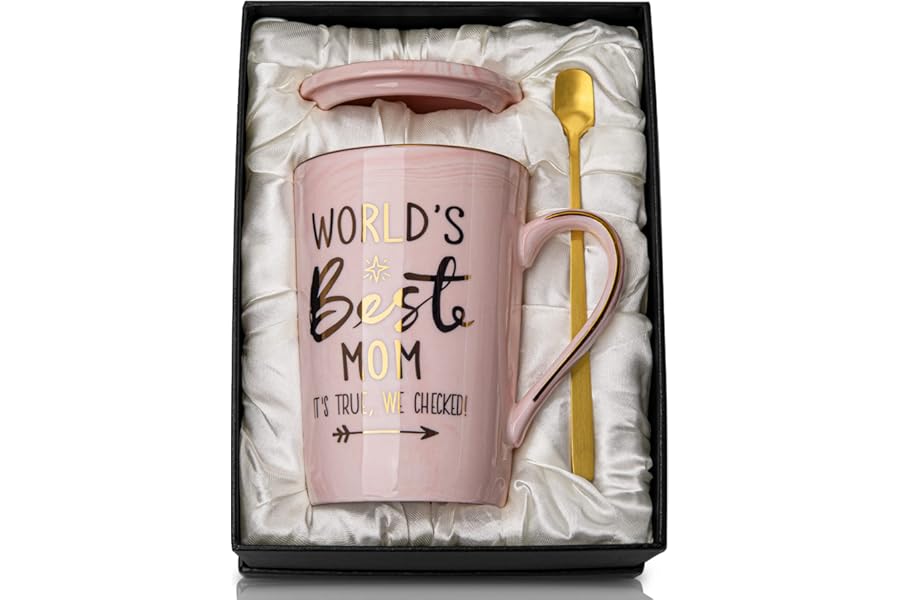 Mothers Day Birthday Gifts for Mom from Daughter Son - 14Oz Funny Best Mom Mug with Gold Print, Unique Pink Marble Coffee Cup with Lid Spoon Greeting Card, Happy Moms Gifts Idea, Luxury Gift Boxed Set