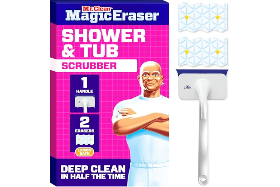 Mr. Clean Magic Eraser Shower & Tub Scrubber, Bathroom Cleaner, All in One Bathroom Cleaner, Lemon Starter Kit, 1 Scrubber & 2 Foaming Magic Erasers
