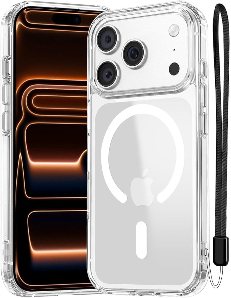 NEW'C Magnétique Coque pour iPhone 17 Pro Max (6,9 Pouces), Compatible avec MagSafe Antichoc Ultime avec Cordon – Magnétisme Puissant et Protection Militaire - Etui Fine - Transparent