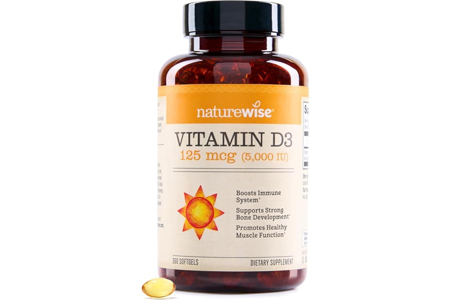 NatureWise Vitamin D3 5000iu (125 mcg) 1 Year Supply for Immune Support, Healthy Muscle Function, and Bone Health - Non-GMO, Gluten Free in Organic Extra Virgin Olive Oil, (Mini Softgel), 360 Count