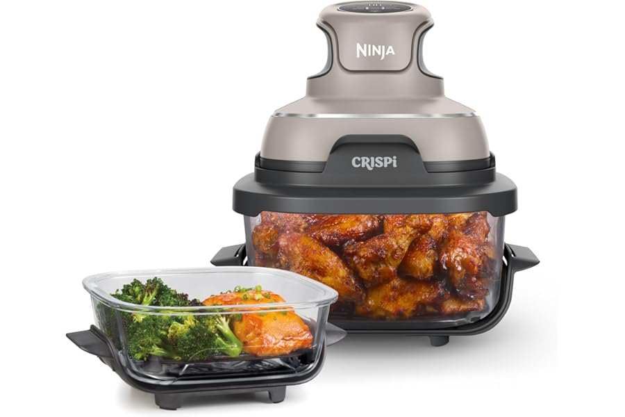 Ninja Crispi 4-in-1 Glass Air Fryer | 450°F | Non-Toxic | 4QT & 6-Cup Glass Containers w/Lids | Microwave, Freezer, Dishwasher Safe | Max Crisp, Air Fry, Bake, Recrisp | Stone | FN101ST
