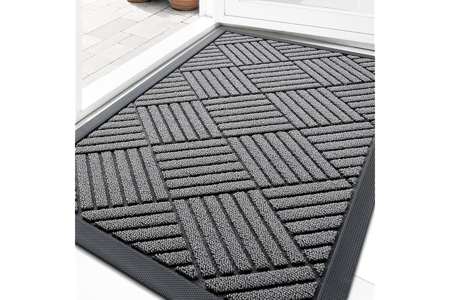 OLANLY Front Door Mat Outside Entrance 29.5x17, Absorbent, Heavy Duty Sturdy Natural Rubber Doormat Indoor Outdoor, Stain and Fade Resistant, Non-Slip Low Profile Floor Mat for Entryway, Grey Diamond