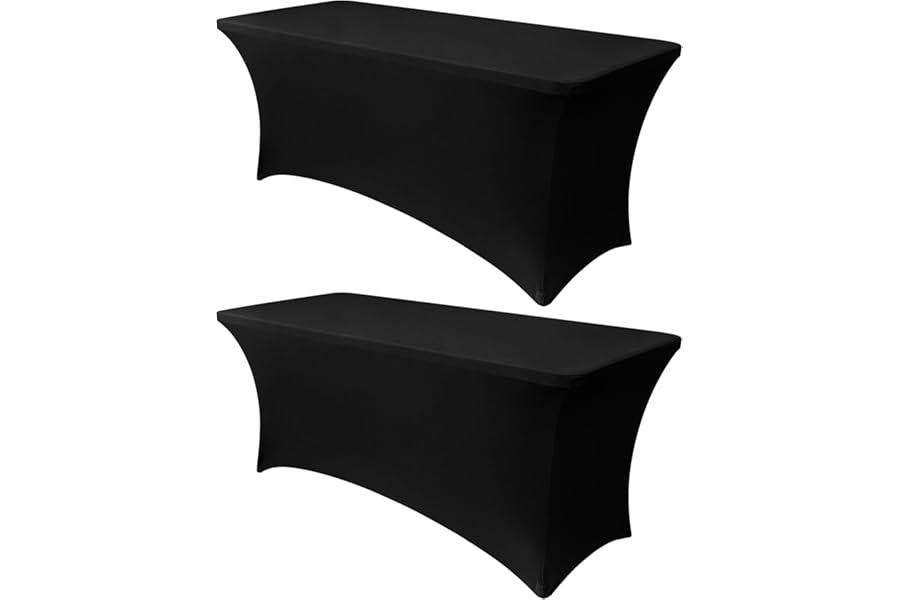 Obstal 6ft Stretch Black Spandex Table Cloth for Standard Folding Tables - 2 Pack Universal Rectangular Fitted Tablecloth Protector for Wedding, Trade Show, Vendor Stand