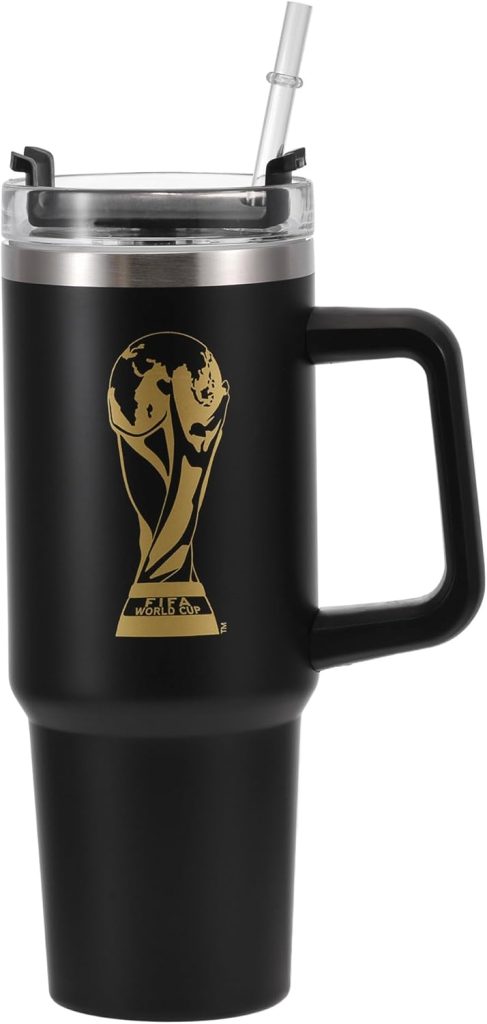 Official FIFA World Cup 2026 Edition - 30oz Insulated Double Tumbler W/Handle & Straw - Premium Stainless Steel- Handwash Only - Keep Beverages Hot 12 hr/Cold 24 hr - Black