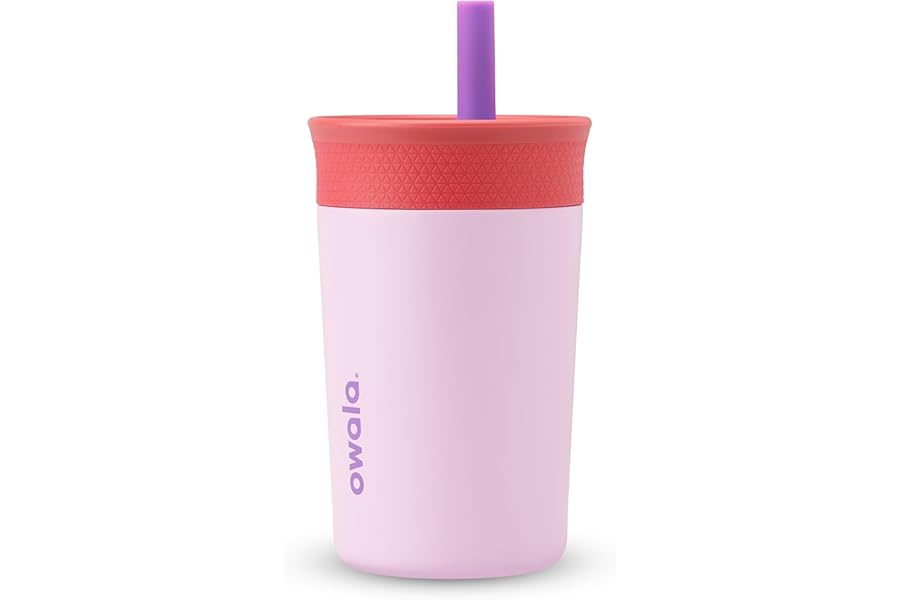 Owala Kids Insulation Stainless Steel Tumbler with Spill Resistant Flexible Straw, Easy to Clean, Kids Water Bottle, Great for Travel, Dishwasher Safe, 12 Oz, Pink and Purple (Lilac Rocket)