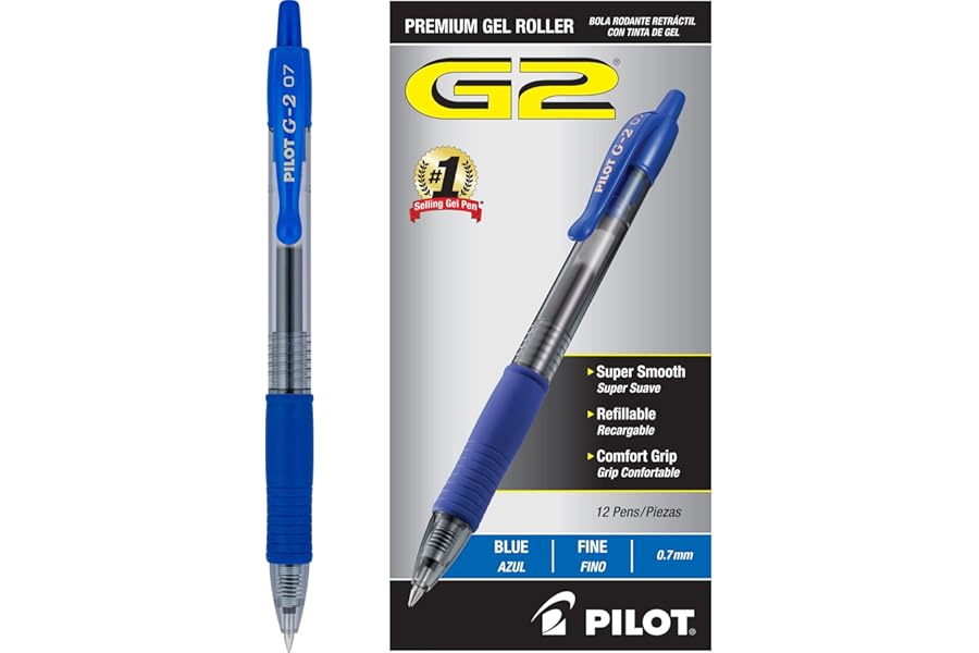 PILOT G2 Premium Refillable & Retractable Rolling Ball Gel Pens, Fine Point, Blue Ink, 12 Count (31021)