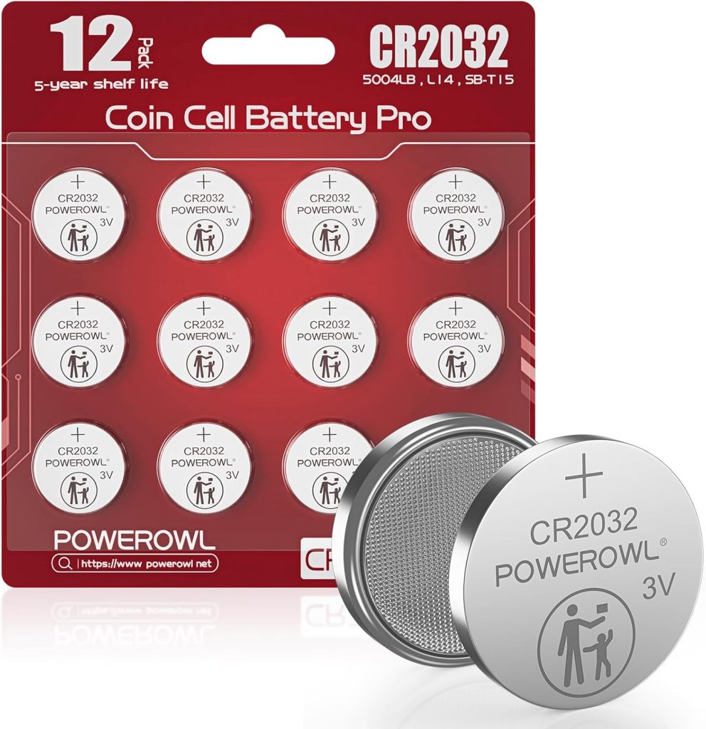 POWEROWL CR2032 Pilas de Botón de Litio 3V, Paquete de 12, Pilas 2032 de Larga Duración para Llaves de Coche, Mandos a Dispositivos Electrónicos, Embalaje de Seguridad para Niños-Rojo
