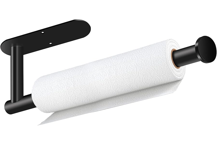 Paper Towel Holder, Self Adhesive or Drilling Paper Towel Holder Under Cabinet, Stainless Steel Black Paper Towel Holders Wall Mount for Kitchen, Bathroom, Sink, Pantry, Fridge