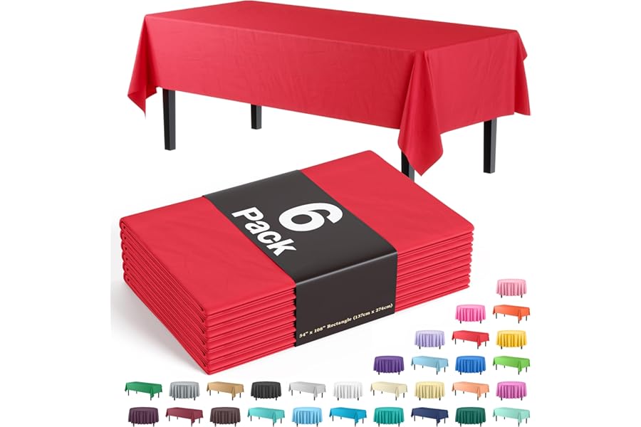 Party Solids Pack Of 6 Premium Plastic Tablecloth 54 Inch x 108 Inch Rectangle Plastic Table Cover - Red