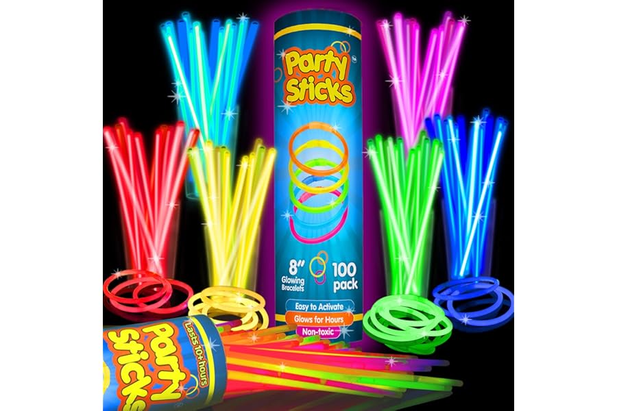 PartySticks Glow Sticks Party Supplies 100pk - 8 Inch Glow in the Dark Light Up Sticks Party Favors, Glow Party Decorations, Neon Party Glow Necklaces and Glow Bracelets with Connectors