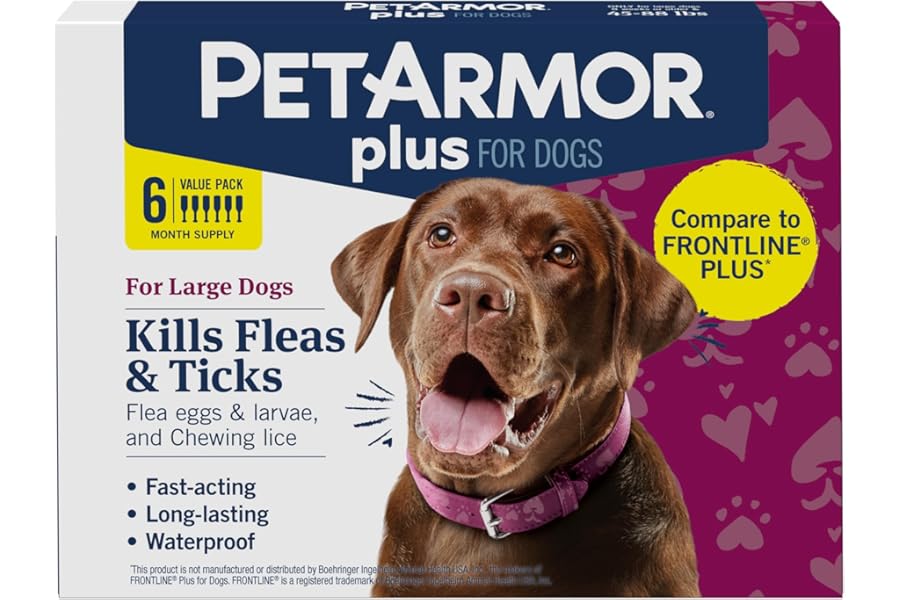 PetArmor Plus Flea and Tick Prevention for Dogs, Large Dog Flea and Tick Treatment, 6 Doses, Waterproof Topical, Fast Acting (45-88 lbs)