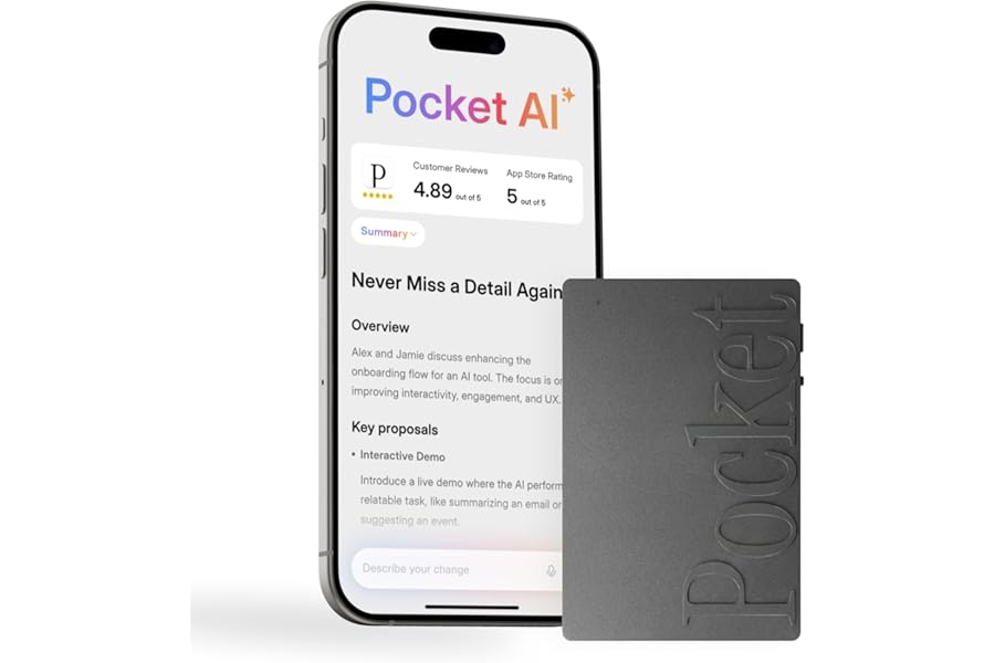 Pocket AI Voice Recorder & Smart Assistant – Auto Transcription, Summaries & Action Items – AI Note Taker for Meetings, Calls & Productivity - Space Grey