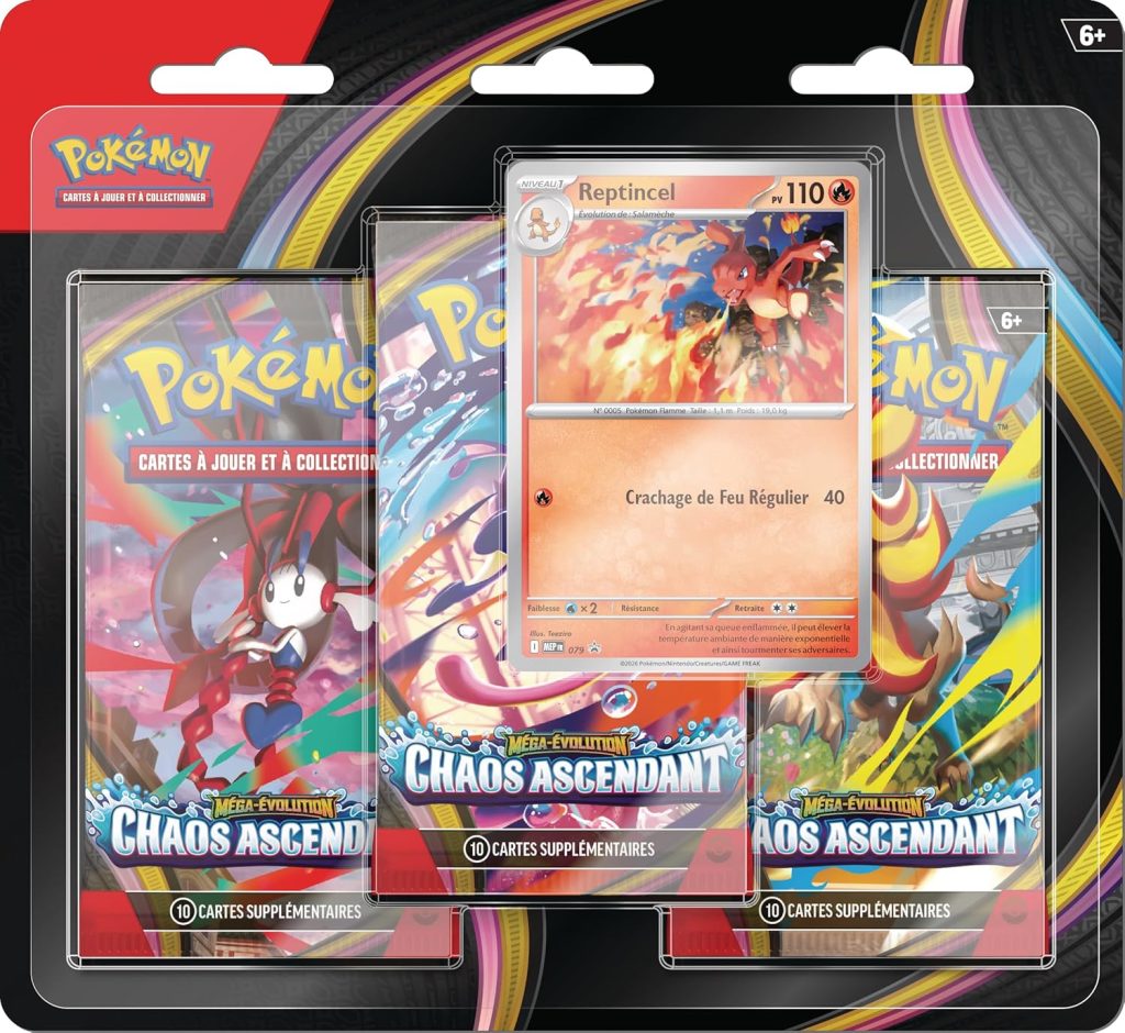Pokémon : Blister de Trois boosters Méga-Évolution – Chaos Ascendant (1 Carte Promo Brillante et 3 boosters)