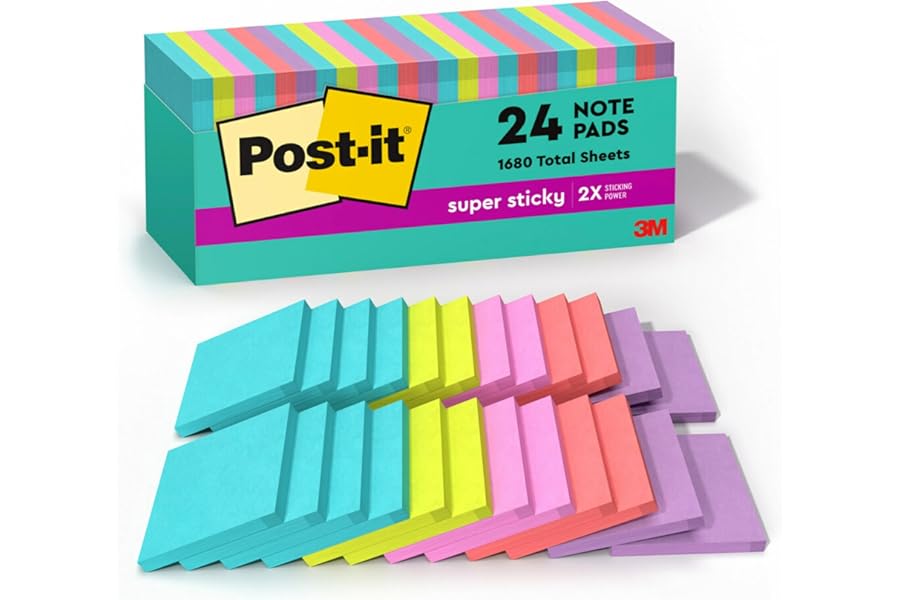 Post-it Super Sticky Notes, 24 Sticky Note Pads, 3 x 3 in., School Supplies, Office Products, 2X the Sticking Power, Supernova Neons Collection