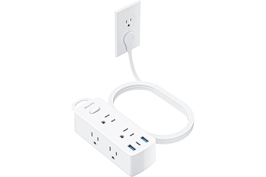 Power Strip Surge Protector, Olcorife Ultra Thin Flat Plug Extension Cord 5ft, 6 Outlets 3 USB Ports(1 USB C), 3 Sided Outlet Extender for Home Office Travel Dorm Room Essentials, White