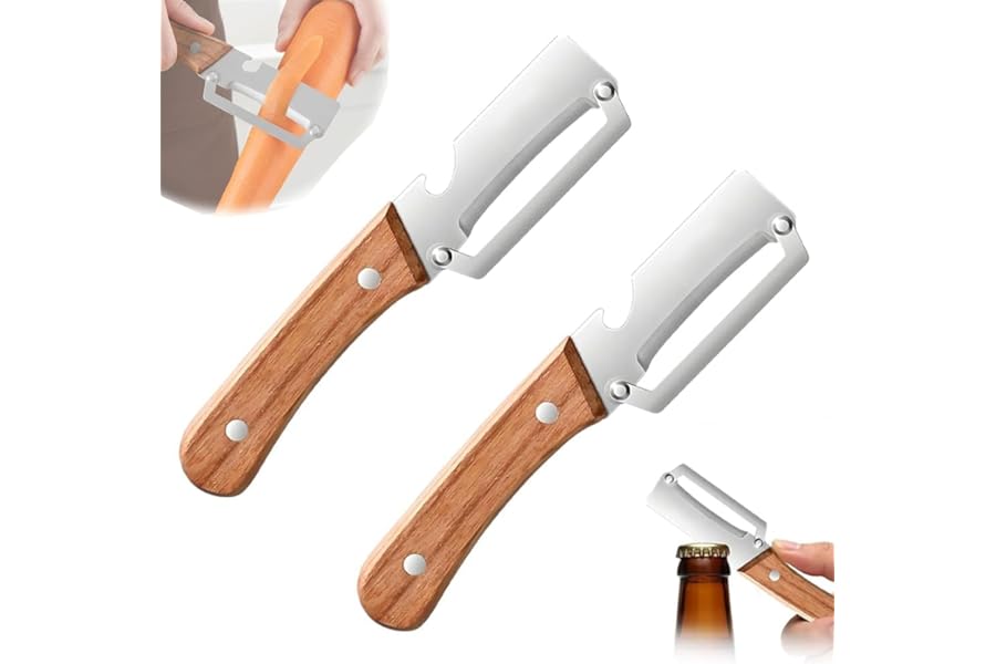 Premium Vegetable Peeler with Wooden Handle and Bottle Opener,Multi-Functional Vegetable Peeler for Kitchen, 2-In-1 Stainless Steel Kitchen Tool, for Fruit Veggie, Includes Bottle Opener (2PCS)