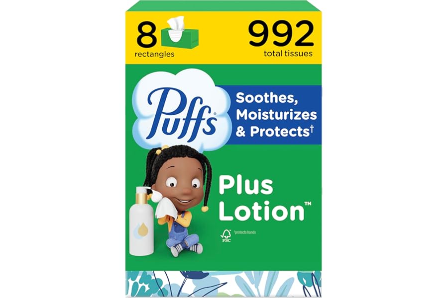 Puffs Plus Lotion Facial Tissues, 8 Family Boxes, 124 Facial Tissues per Box, Allergies and Colds