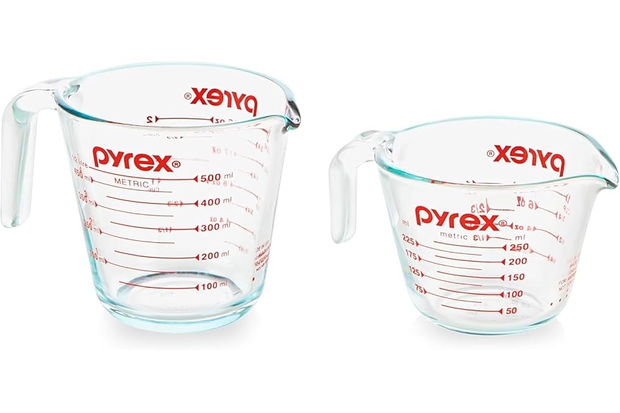 Pyrex Essentials (2-Pack) Glass Measuring Cups Set, (1 & 2 Cup) Measuring Cups For Prepping, Baking and Cooking, Preheated Oven, Dishwasher, Freezer, and Microwave Safe
