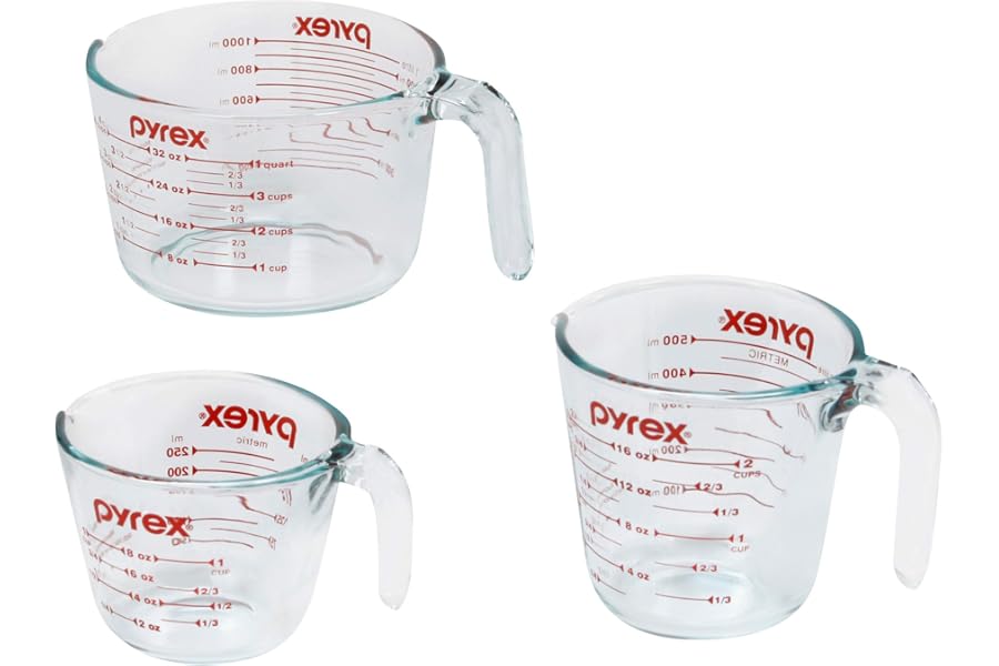Pyrex Essentials (3-Pack) Glass Measuring Cups Set, (1, 2 & 4 Cup) Measuring Cups For Prepping, Baking and Cooking, Preheated Oven, Dishwasher, Freezer, and Microwave Safe