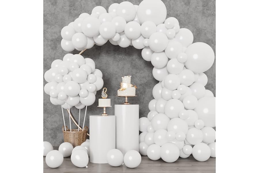 RUBFAC White Balloons 129pcs Different Sizes 18 12 10 5 Inch for Garland Arch, Latex Balloon for Engagement Wedding Anniversary Birthday Party Baby Shower Decoration
