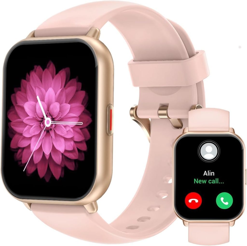 RUIMEN Montre Connectée Femme Appel Bluetooth Lecteur de Musique Montre Sport Smartwatch pour Android iOS Podometre Cardiofrequencemetre Oxymetre Montre Telephone Etanche IP68 Cycle Menstruel Rose