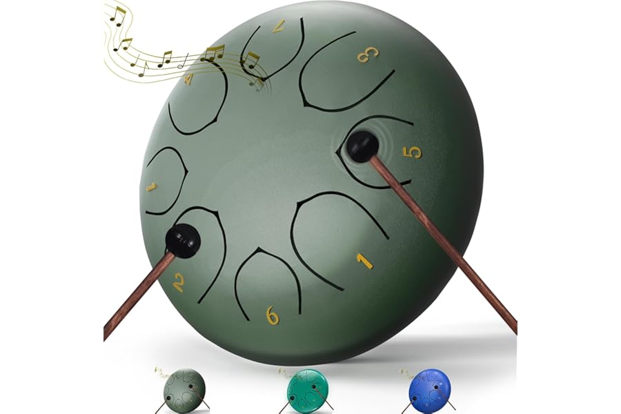 Rain Drum for Outside Garden, 6 Inches 8 Notes Steel Tongue Chakra Drums, Waterproof Meditation Rain Chime, Musical Instruments for Adult Gift with Bag, Music Book, Drum Mallets (Green)