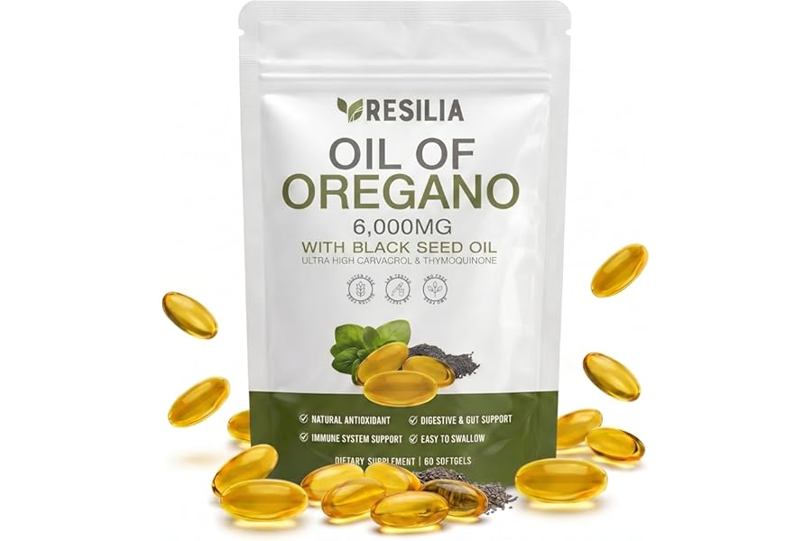 Resilia Softgels with Black Seed Oil 6000mg – Premium Grade Oregano Oil Capsules for Immune & Digestive Support – Non-GMO, Gluten-Free Softgels – Natural Herbal Wellness Supplement (60 Count)