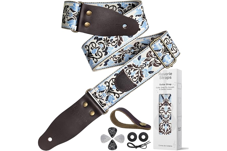 ReverieStraps Jacquard Embroidered Guitar Strap, Genuine Cowhide Leather Ends, Adjustable for Bass Electric Acoustic
