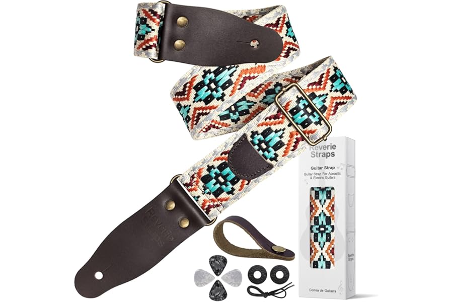 ReverieStraps Jacquard Embroidered Guitar Strap, Genuine Cowhide Leather Ends, Adjustable for Bass Electric Acoustic