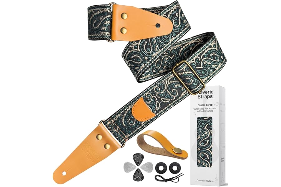 ReverieStraps Vintage Embroidered Guitar Strap, Leather Ends, 2" Adjustable for Acoustic/Electric/Bass, with Pick Pocket