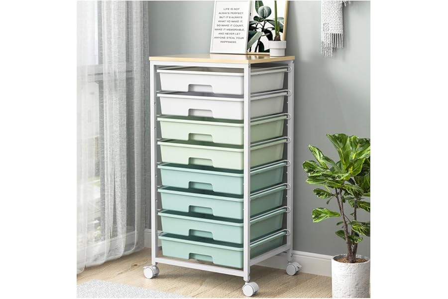 Rolling Storage Utility Cart Organizers with 8 Drawers and Wooden Tabletop for Living Room,Office,Classroom,Craft Room,Bedroom,Dorm,Green