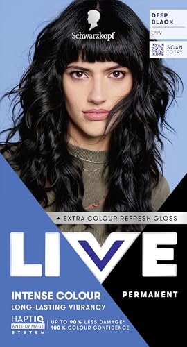 Schwarzkopf LIVE Intense Colour 099 Deep Black, Long-lasting Permanent Black Hair Dye, With Extra Colour Refresh Gloss