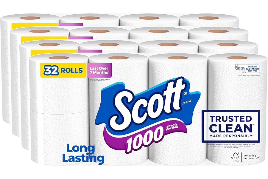 Scott 1000 Trusted Clean Toilet Paper, 32 Rolls, Septic-Safe, 1-Ply Toilet Tissue